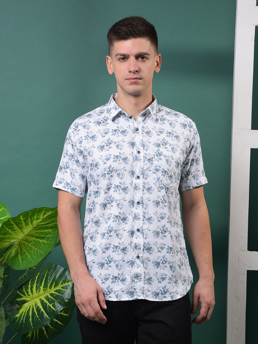 cobb aqua blue printed half-sleeve casual shirt