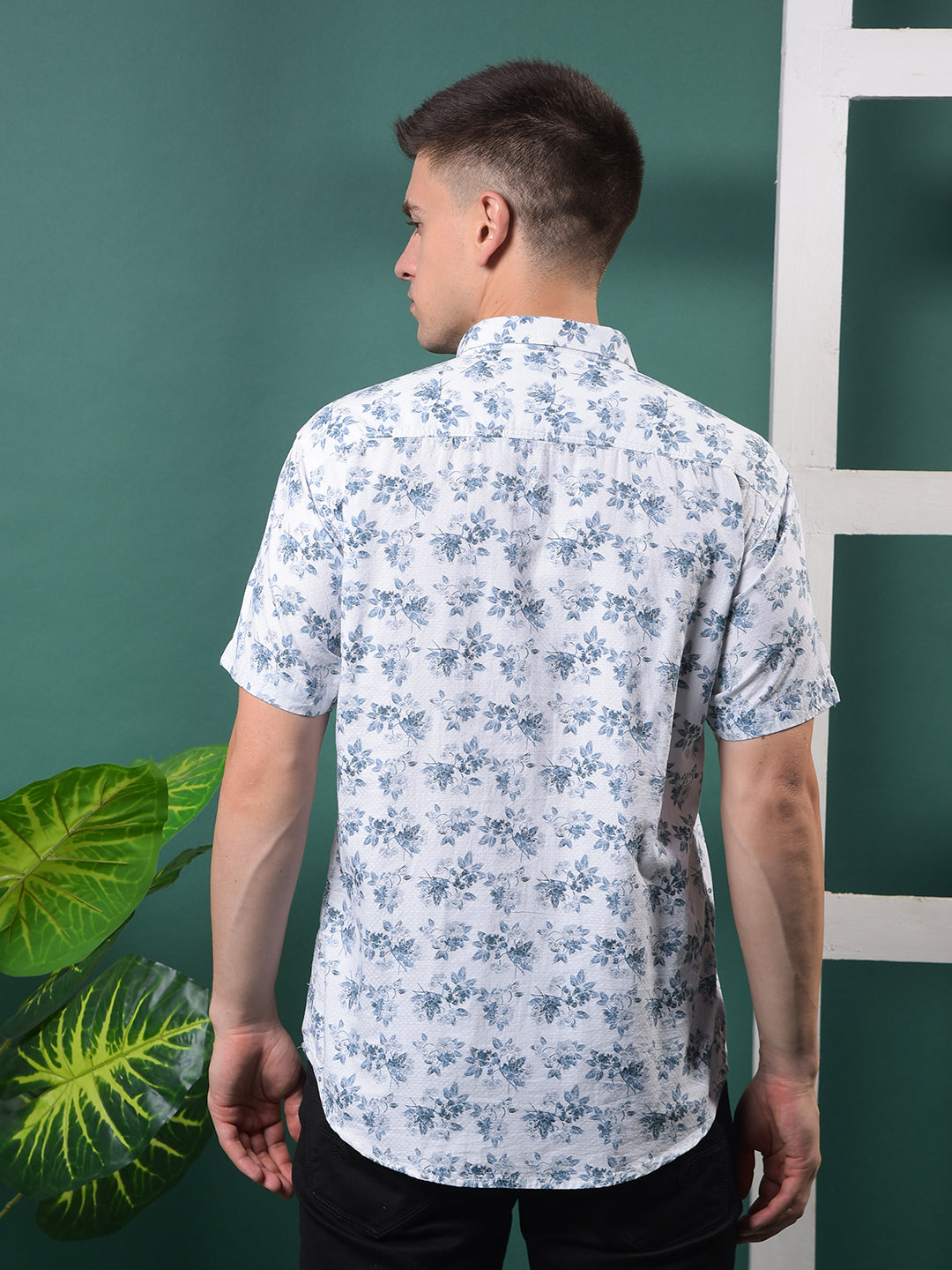 cobb aqua blue printed half-sleeve casual shirt