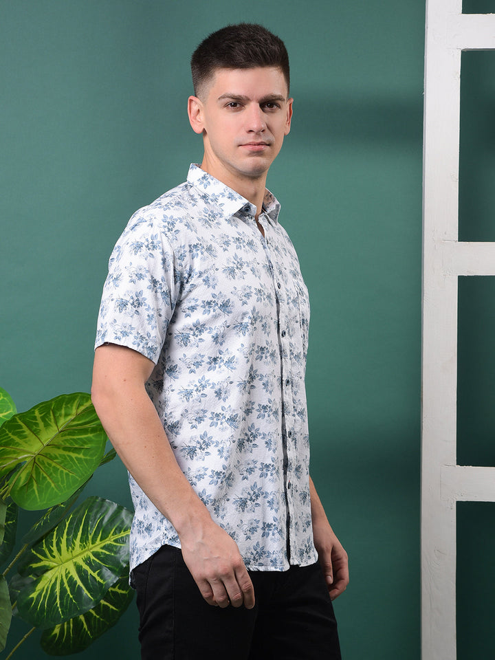 COBB AQUA BLUE PRINTED HALF-SLEEVE CASUAL SHIRT