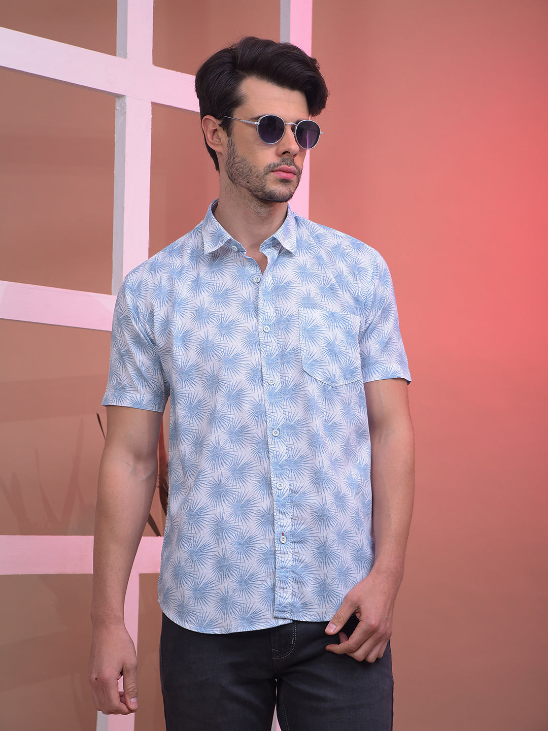 cobb blue printed half-sleeve casual shirt