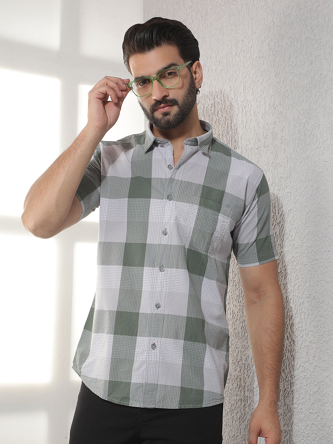 cobb dark olive checked half-sleeve casual shirt