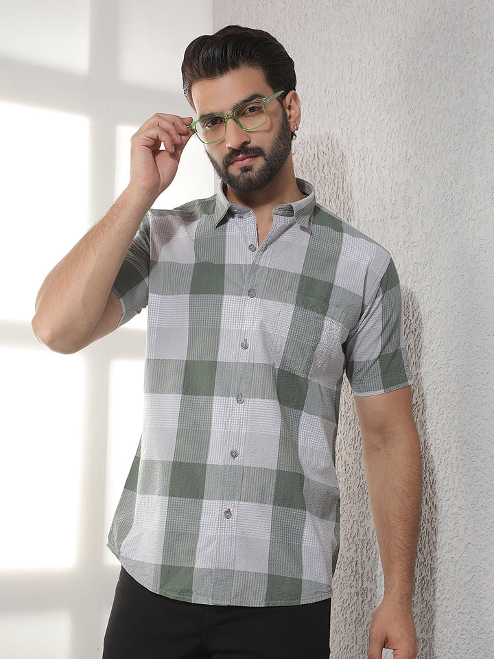 cobb dark olive checked half-sleeve casual shirt