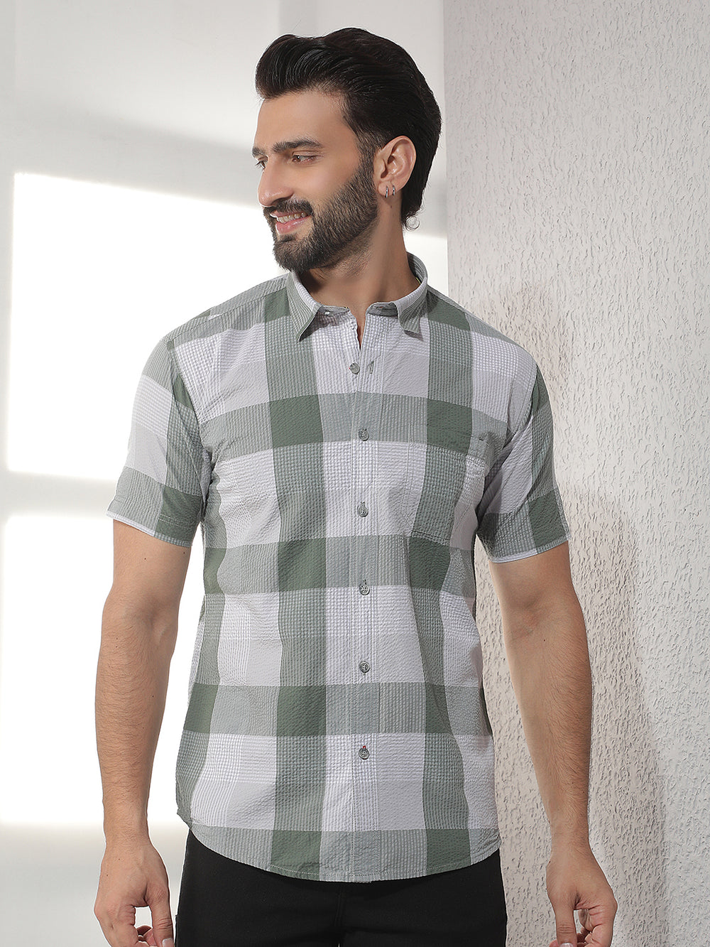 cobb dark olive checked half-sleeve casual shirt