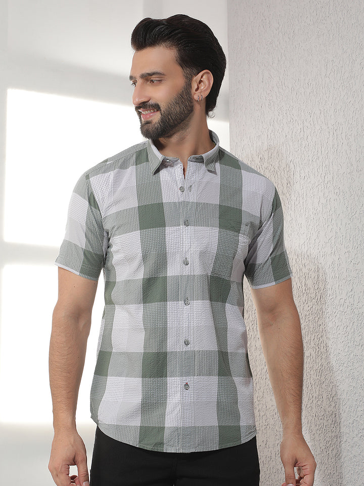 cobb dark olive checked half-sleeve casual shirt