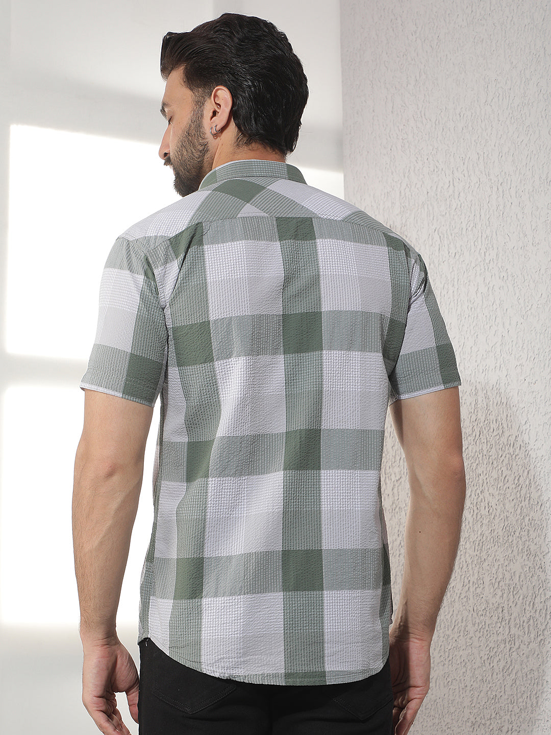 cobb dark olive checked half-sleeve casual shirt