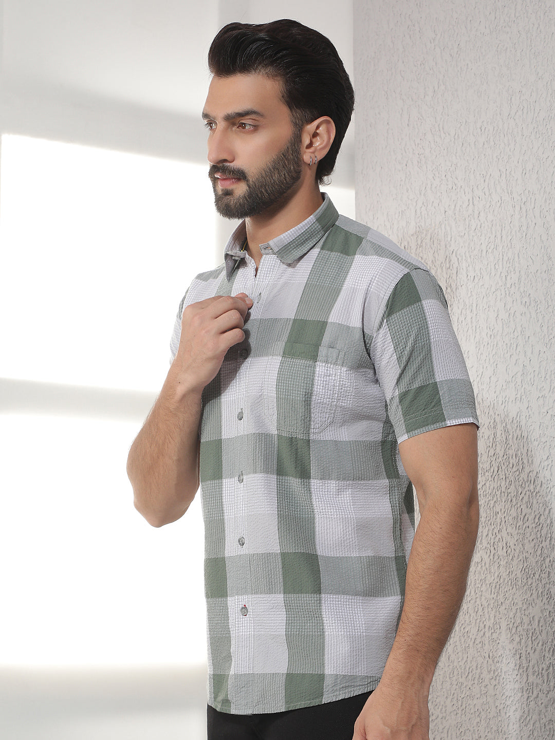 cobb dark olive checked half-sleeve casual shirt