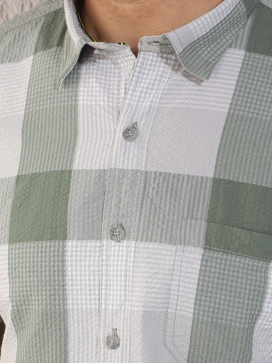 COBB DARK OLIVE CHECKED HALF-SLEEVE CASUAL SHIRT
