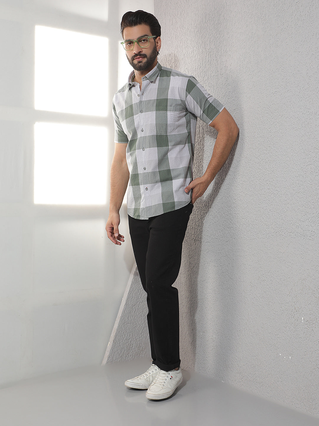 COBB DARK OLIVE CHECKED HALF-SLEEVE CASUAL SHIRT
