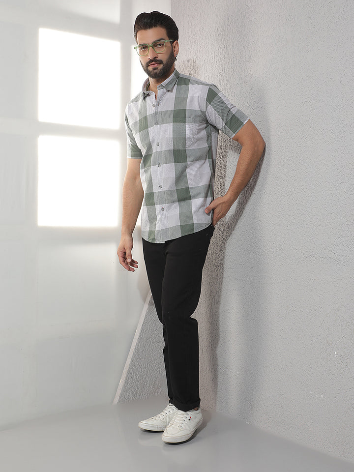 COBB DARK OLIVE CHECKED HALF-SLEEVE CASUAL SHIRT
