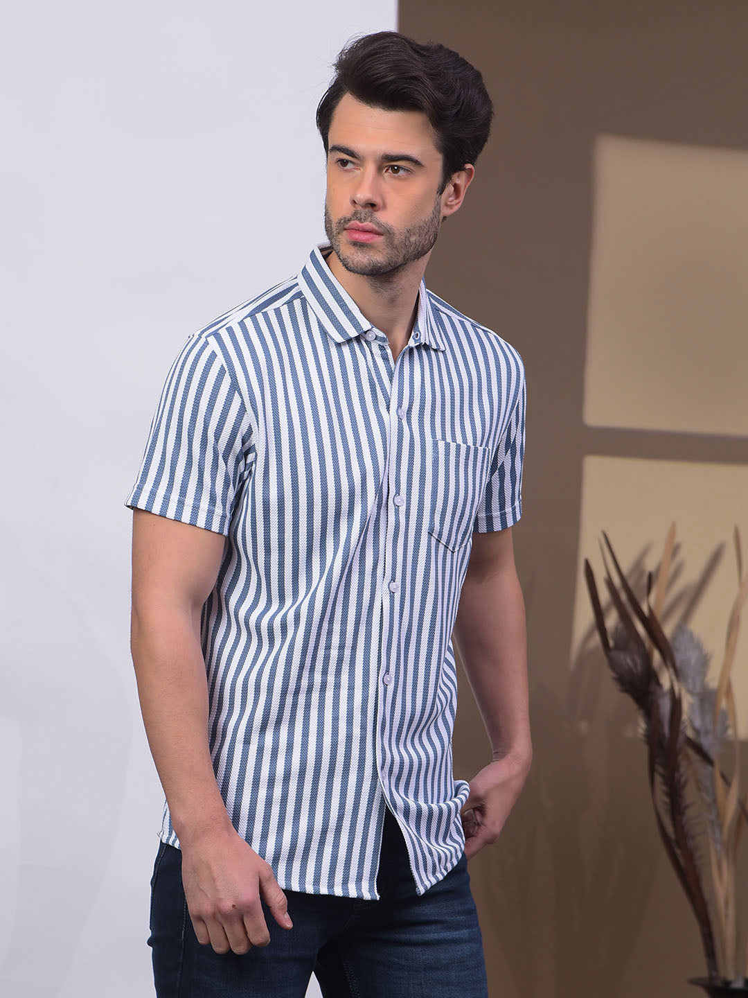 COBB STEEL BLUE STRIPED HALF-SLEEVE CASUAL SHIRT