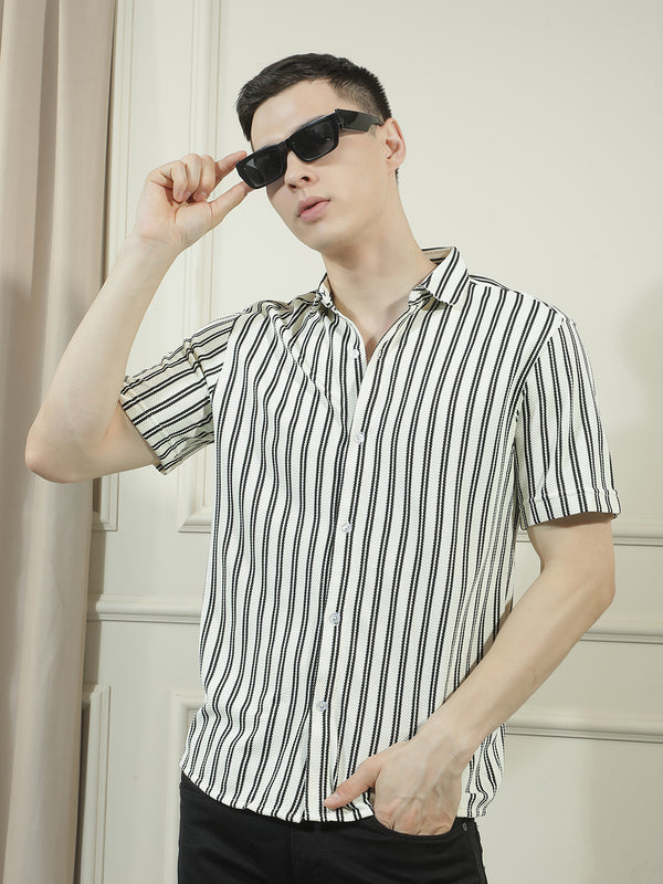 cobb cream striped half-sleeve casual shirt