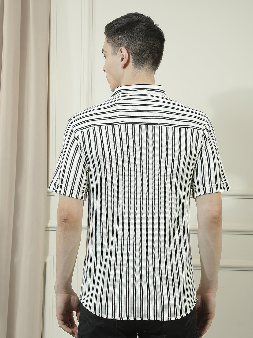 cobb cream striped half-sleeve casual shirt