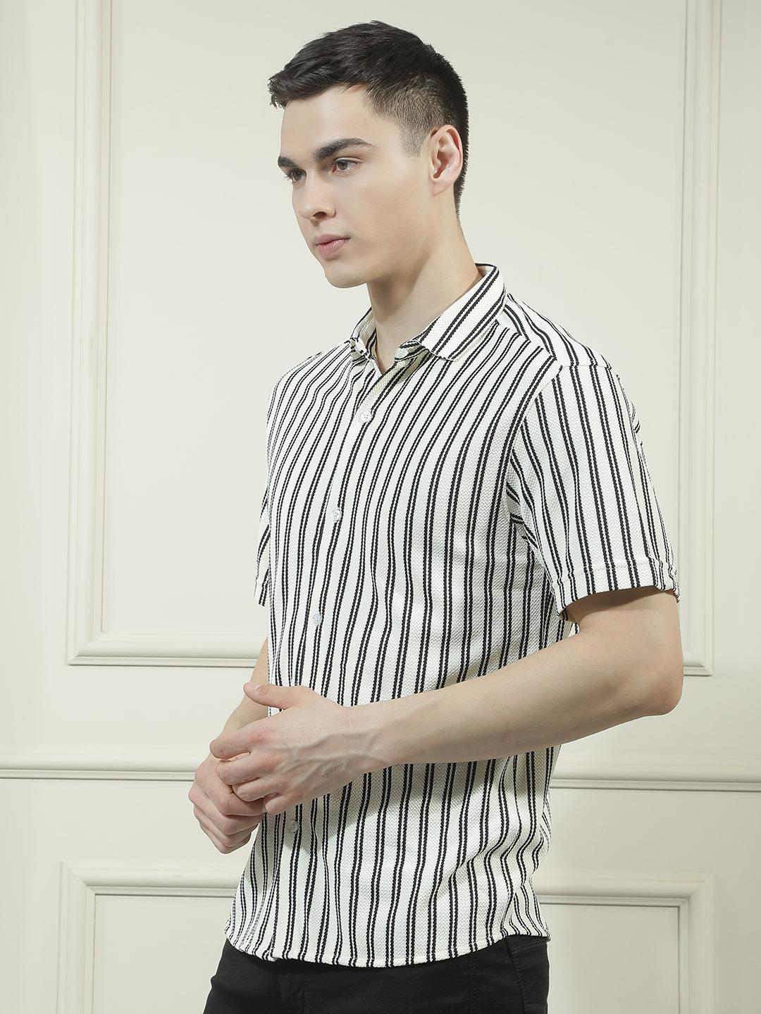 cobb cream striped half-sleeve casual shirt