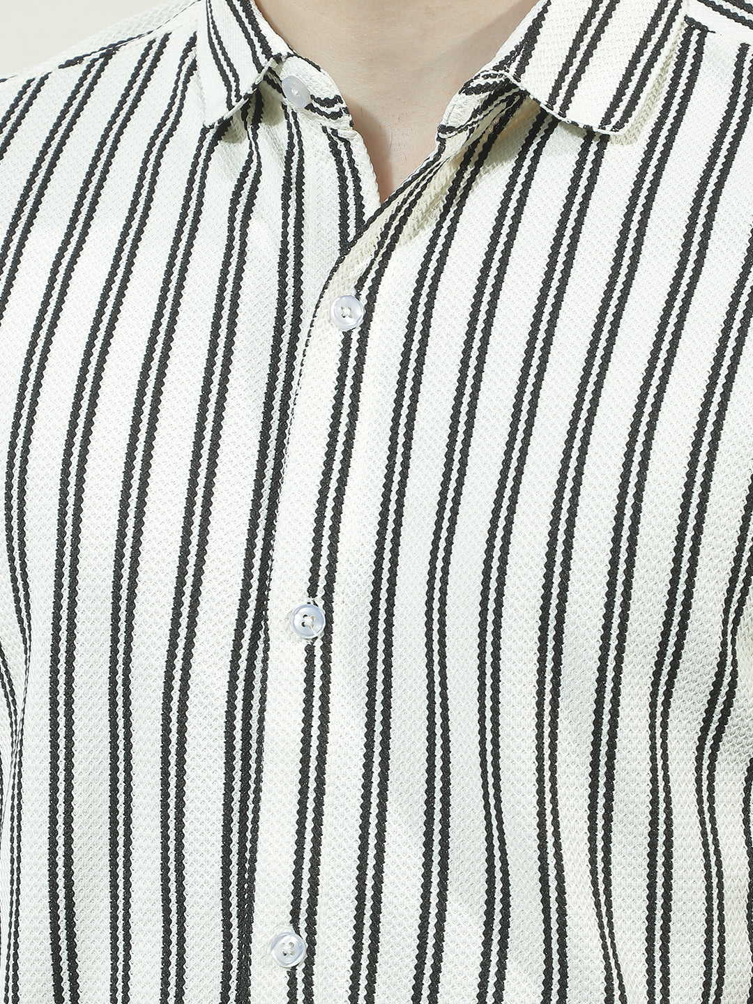 COBB CREAM STRIPED HALF-SLEEVE CASUAL SHIRT