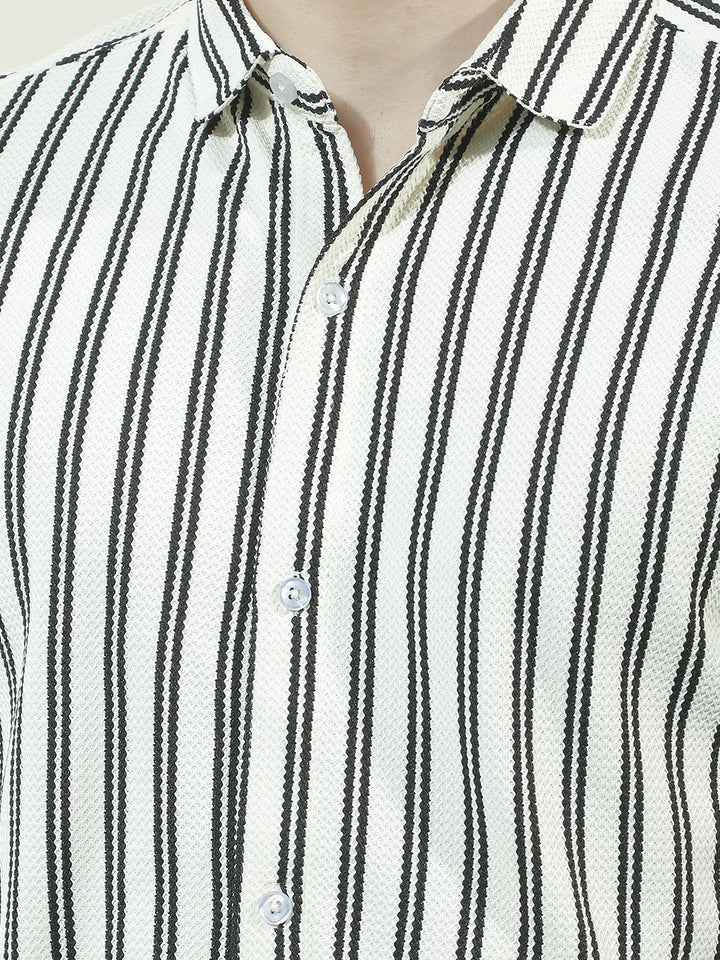 COBB CREAM STRIPED HALF-SLEEVE CASUAL SHIRT