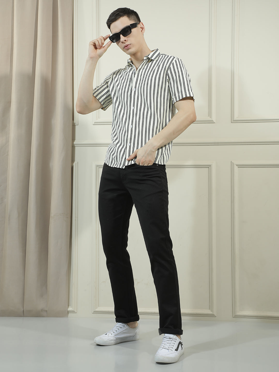 COBB CREAM STRIPED HALF-SLEEVE CASUAL SHIRT