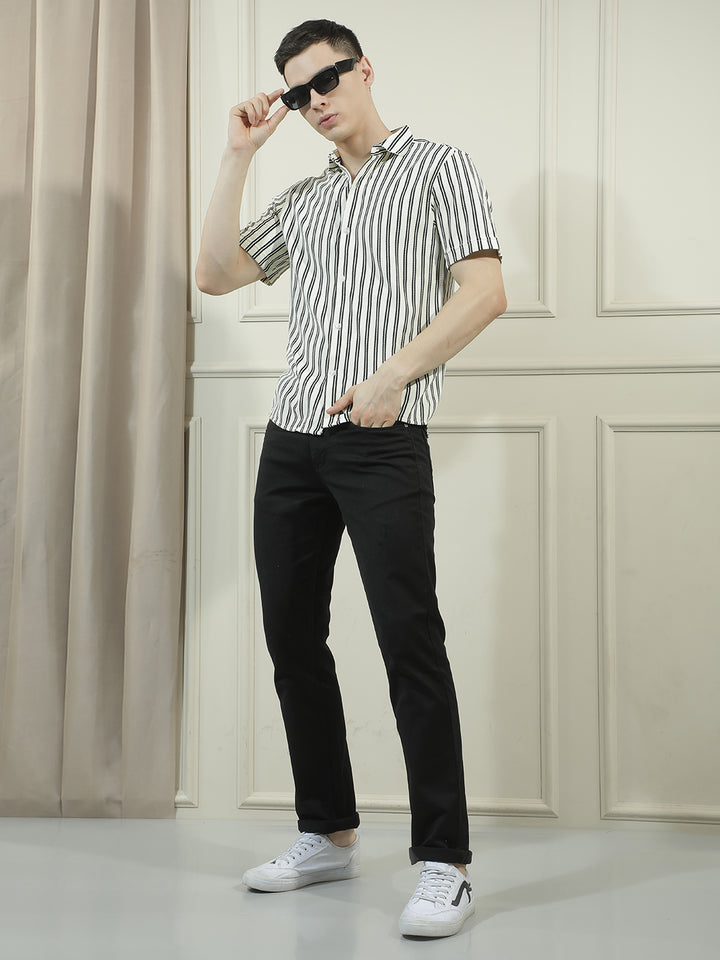 COBB CREAM STRIPED HALF-SLEEVE CASUAL SHIRT