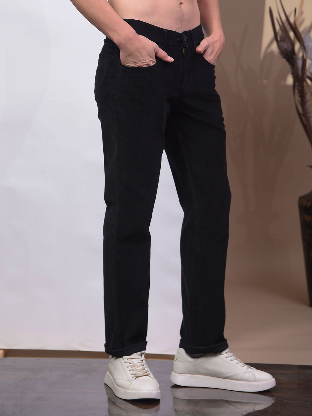 COBB BLACK STRAIGHT-FIT CASUAL CORDUROY TROUSER