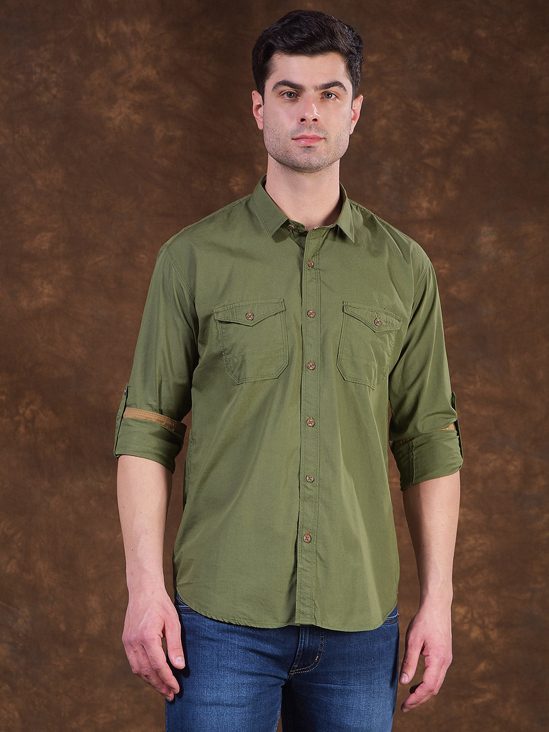 donlay dark green solid slim-fit casual shirt