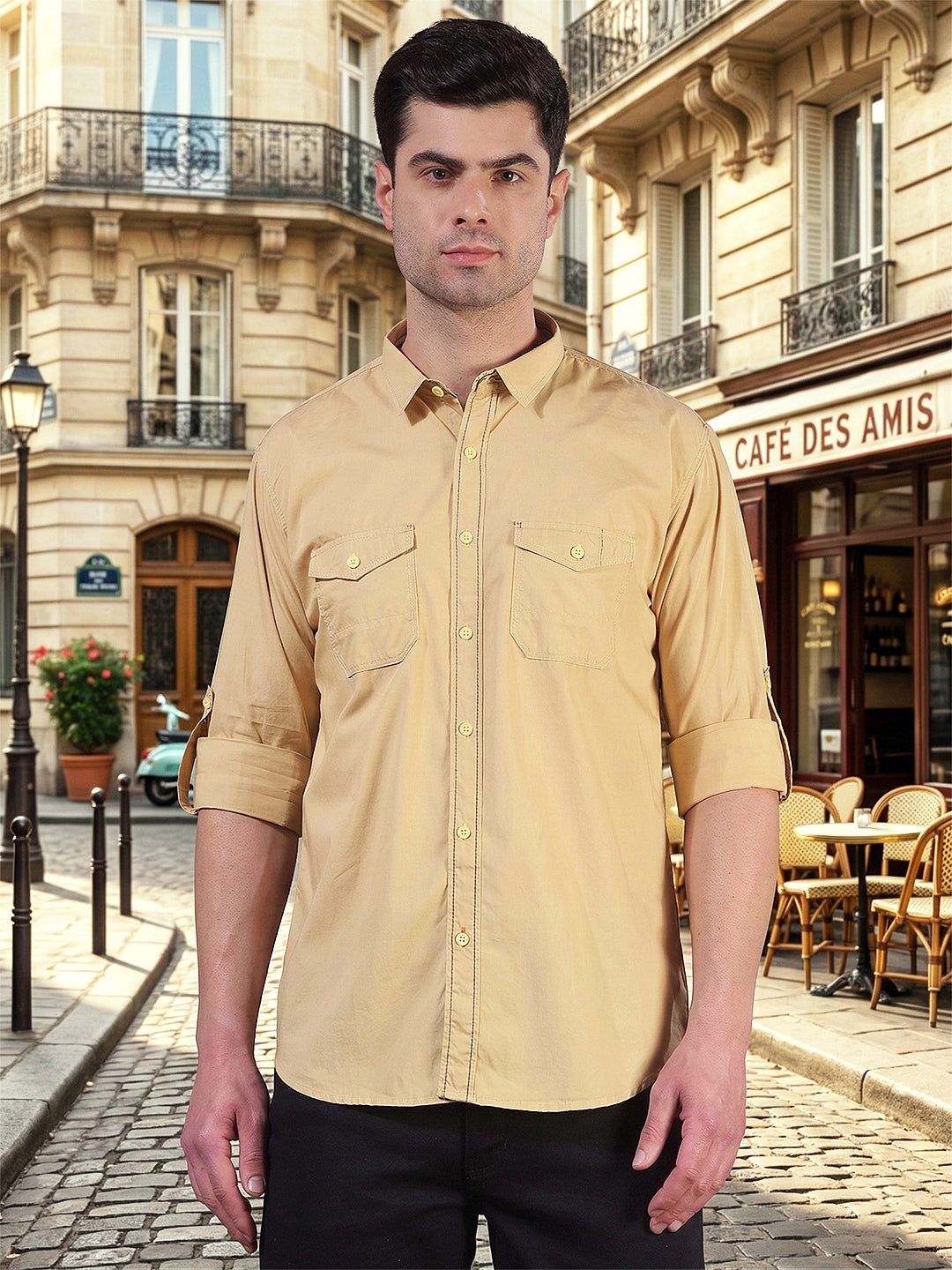 donlay beige solid slim-fit casual shirt