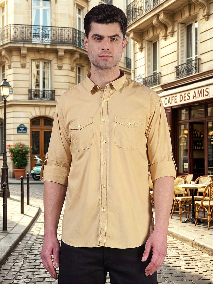 donlay beige solid slim-fit casual shirt