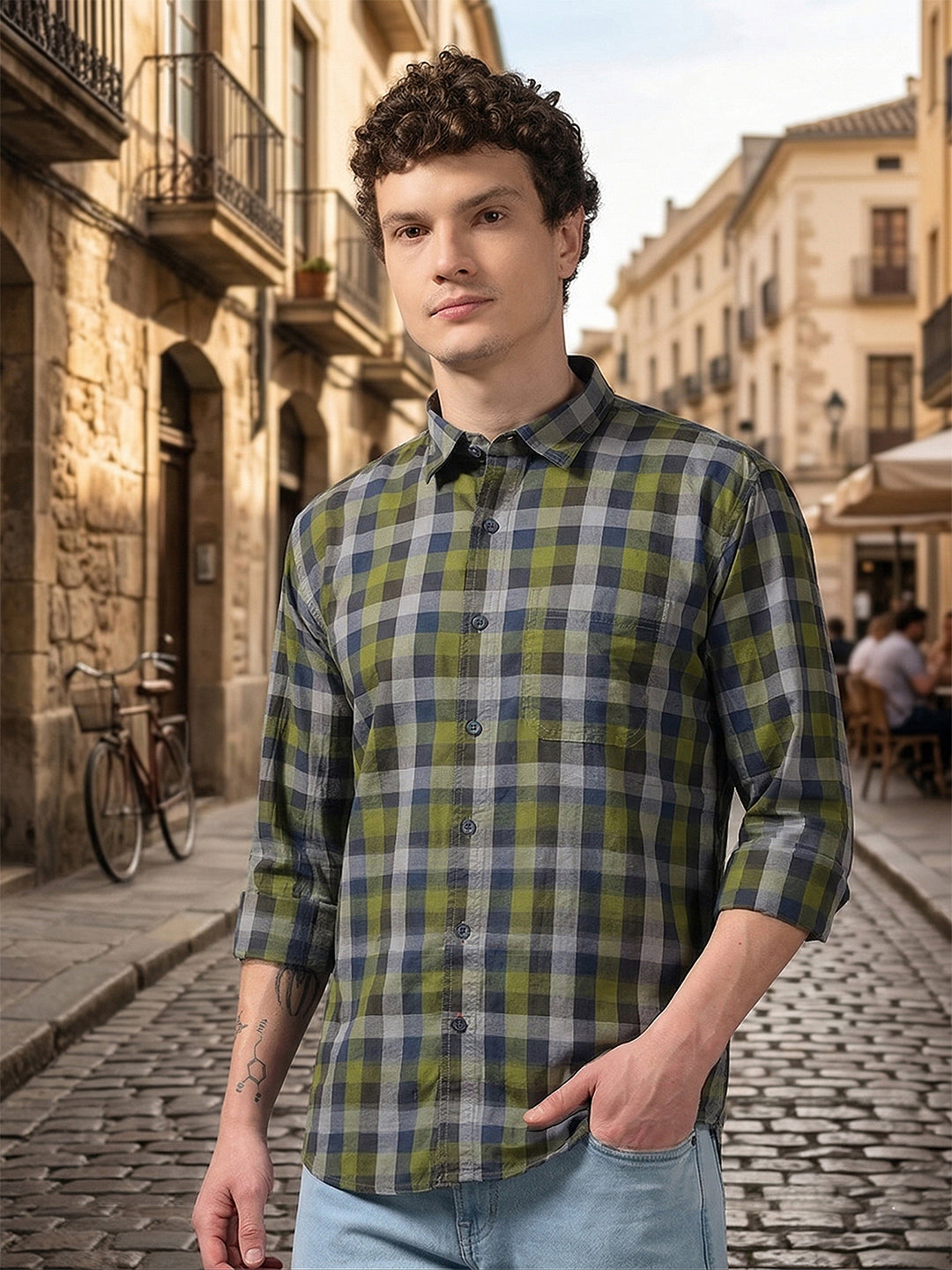 donlay men's green checked slim-fit casual shirt