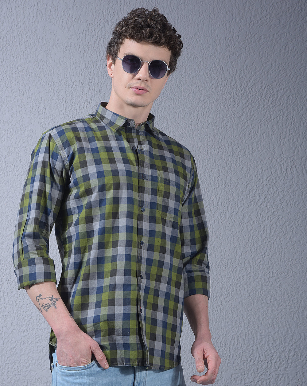 donlay men's green checked slim-fit casual shirt