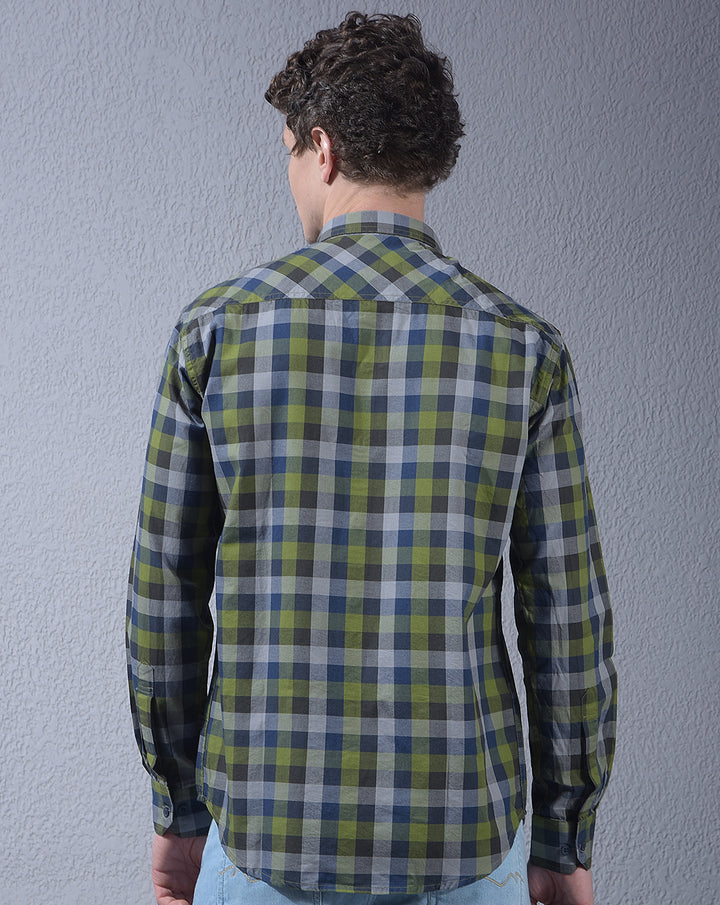 donlay men's green checked slim-fit casual shirt