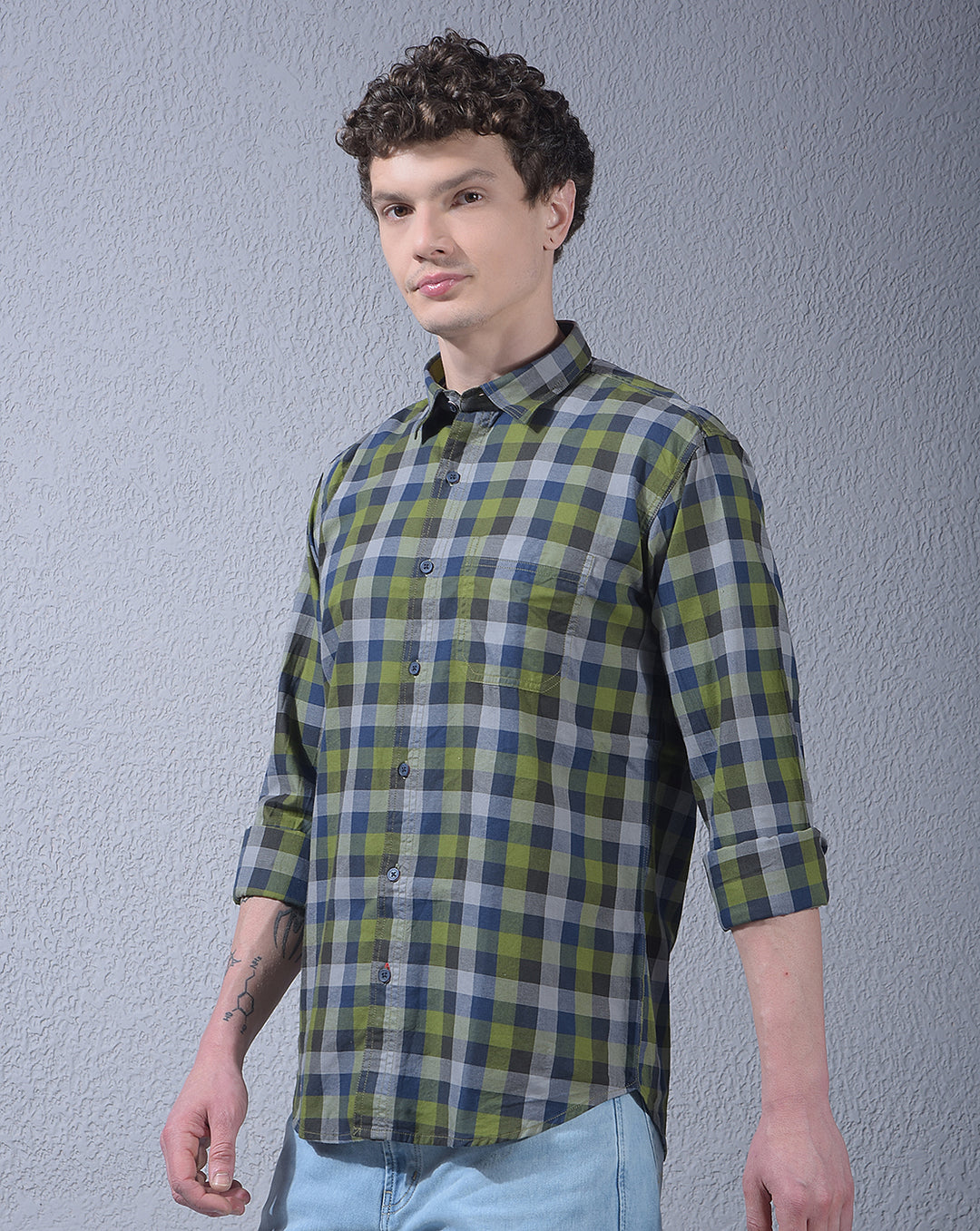 donlay men's green checked slim-fit casual shirt