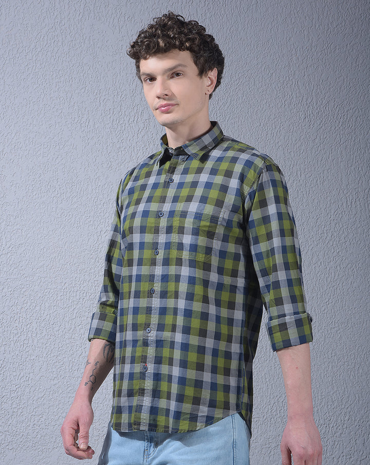 donlay men's green checked slim-fit casual shirt