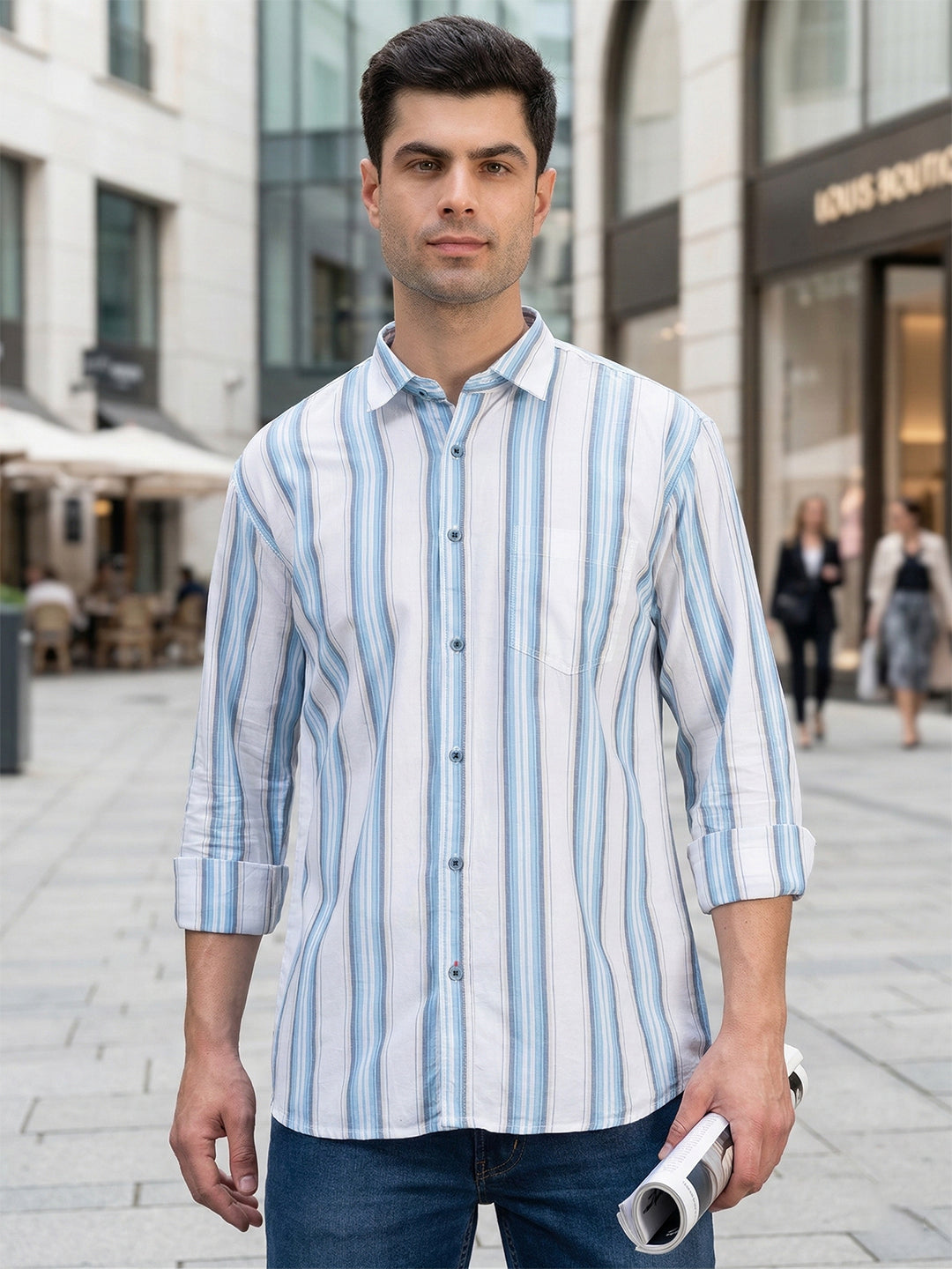 donlay white & blue striped slim-fit casual shirt