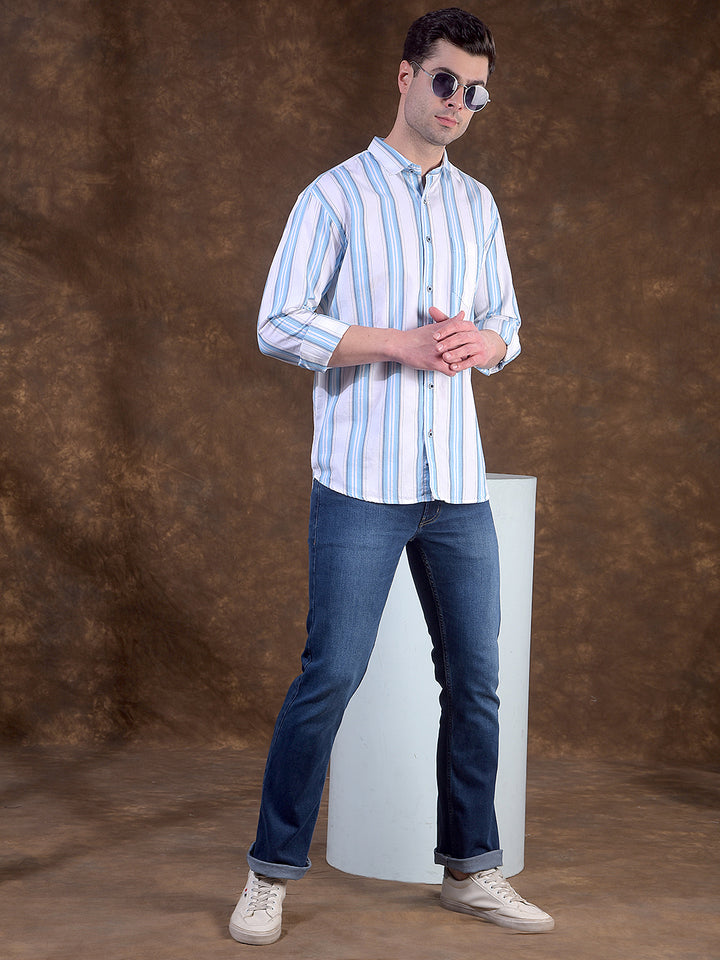 DONLAY WHITE & BLUE STRIPED SLIM-FIT CASUAL SHIRT