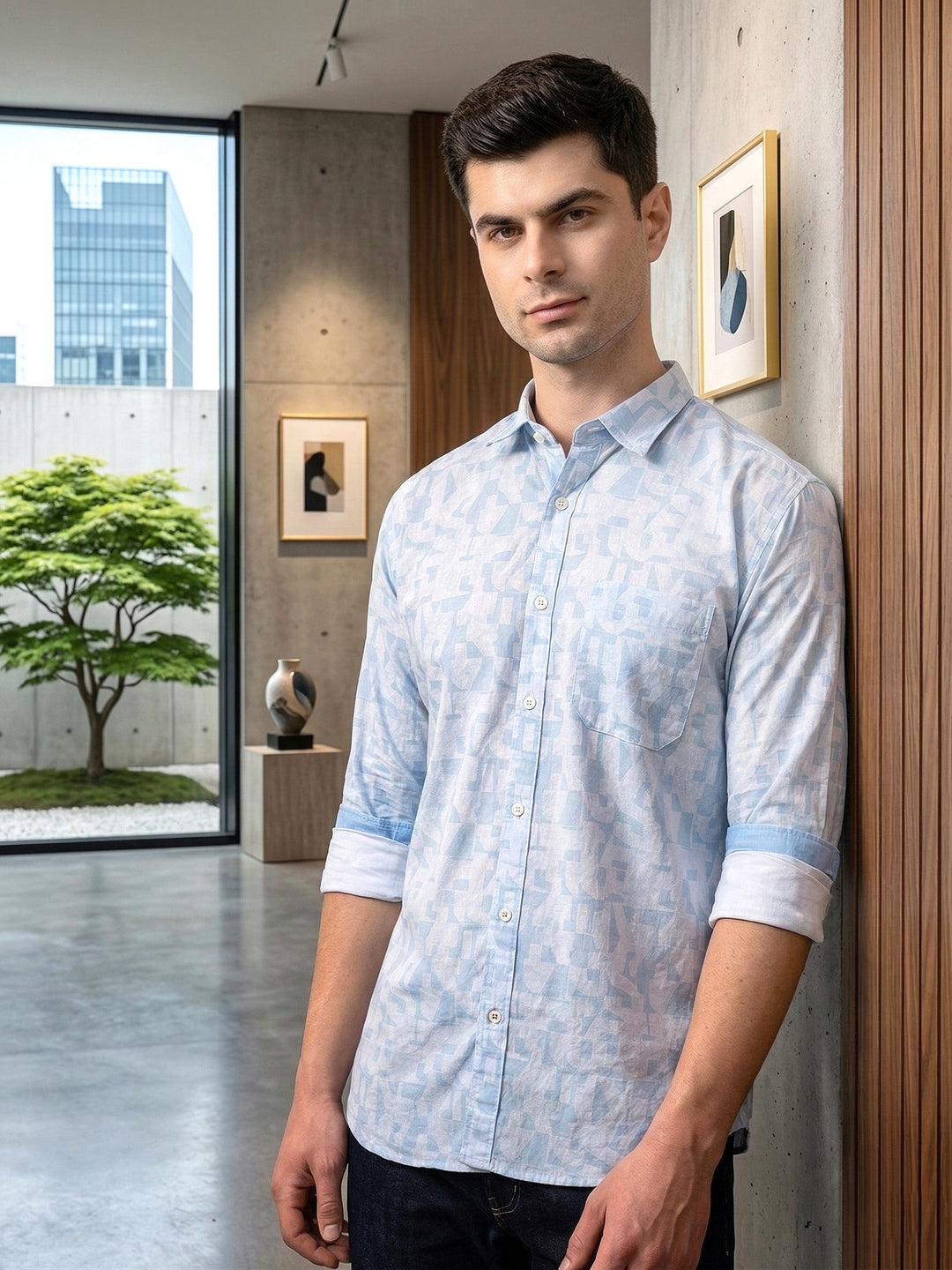 donlay sky blue printed slim-fit casual shirt