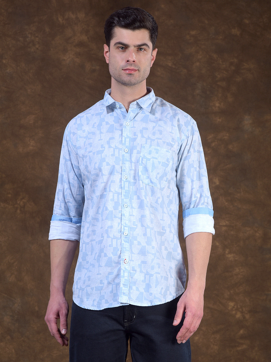 donlay sky blue printed slim-fit casual shirt