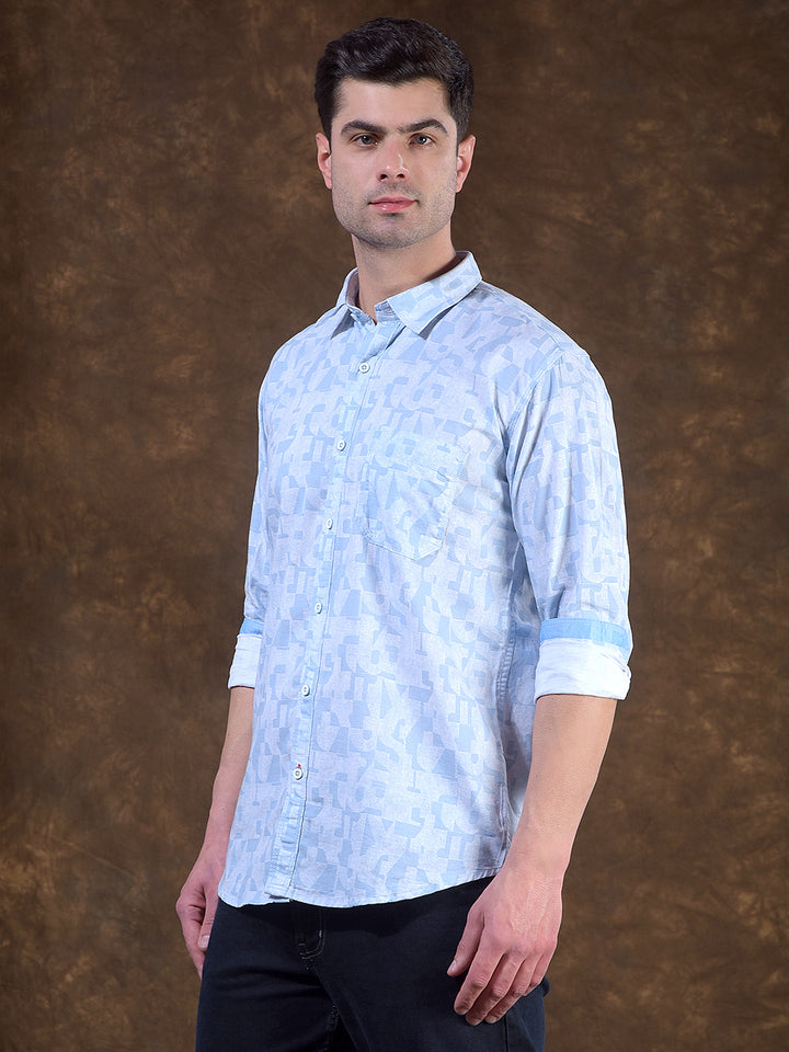 donlay sky blue printed slim-fit casual shirt