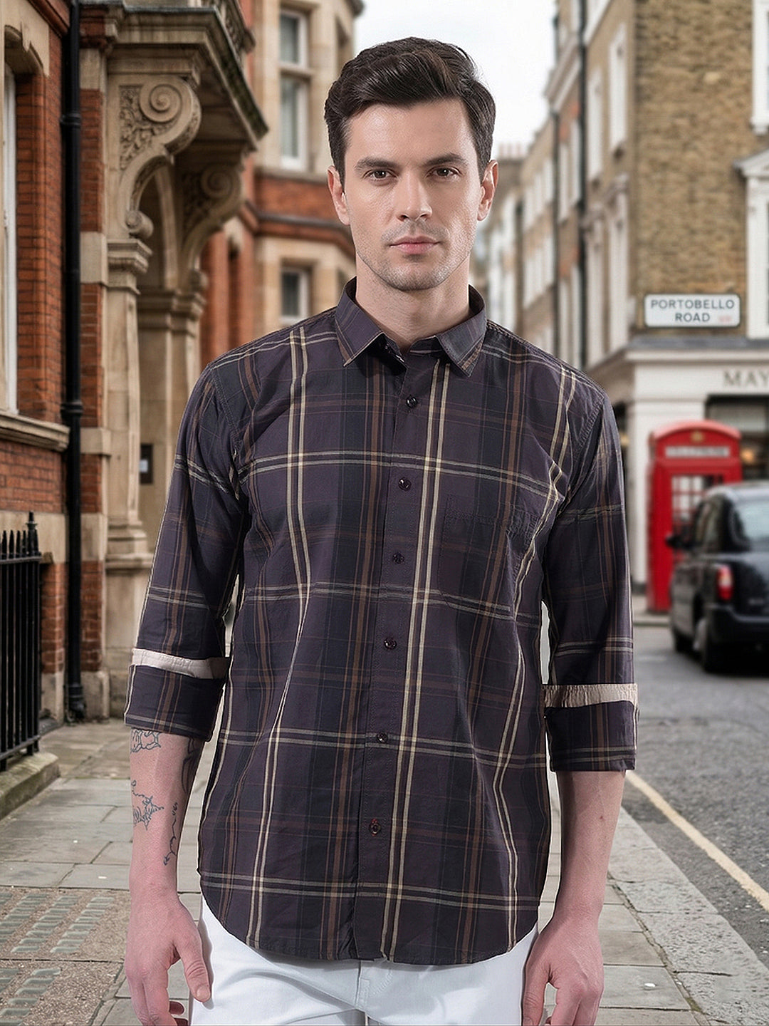 donlay brown checked slim-fit casual shirt