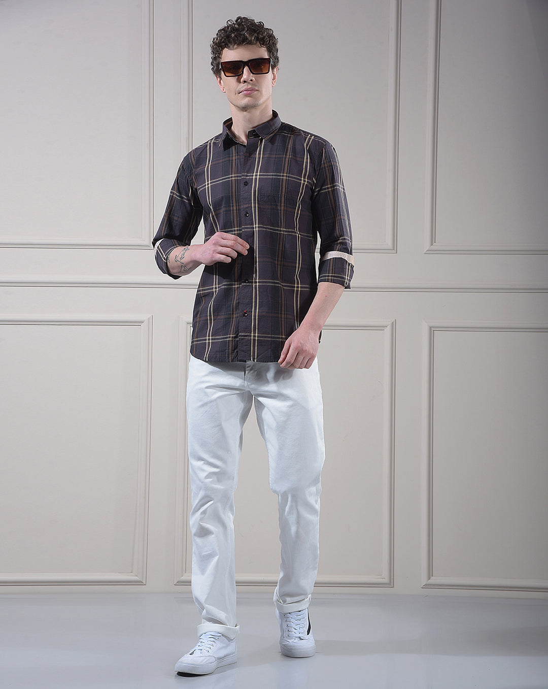DONLAY BROWN CHECKED SLIM-FIT CASUAL SHIRT