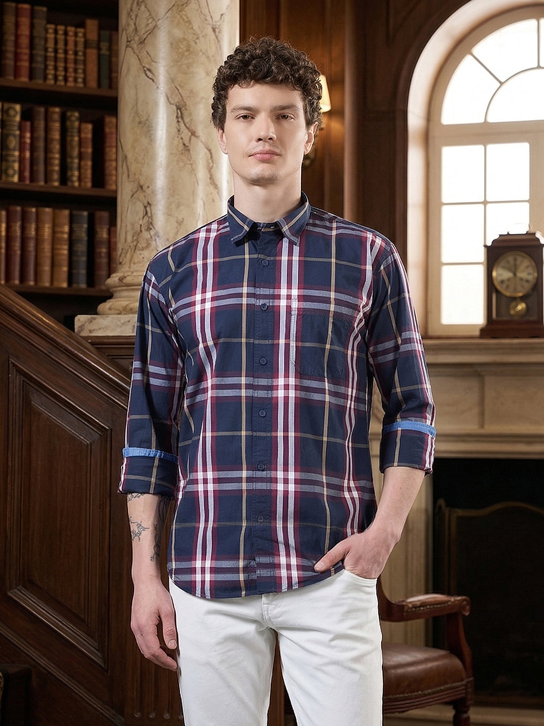 donlay men's blue checked slim-fit casual shirt