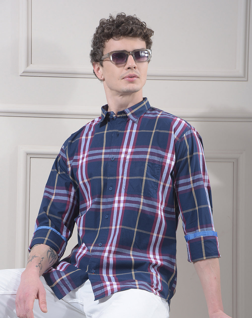 donlay men's blue checked slim-fit casual shirt