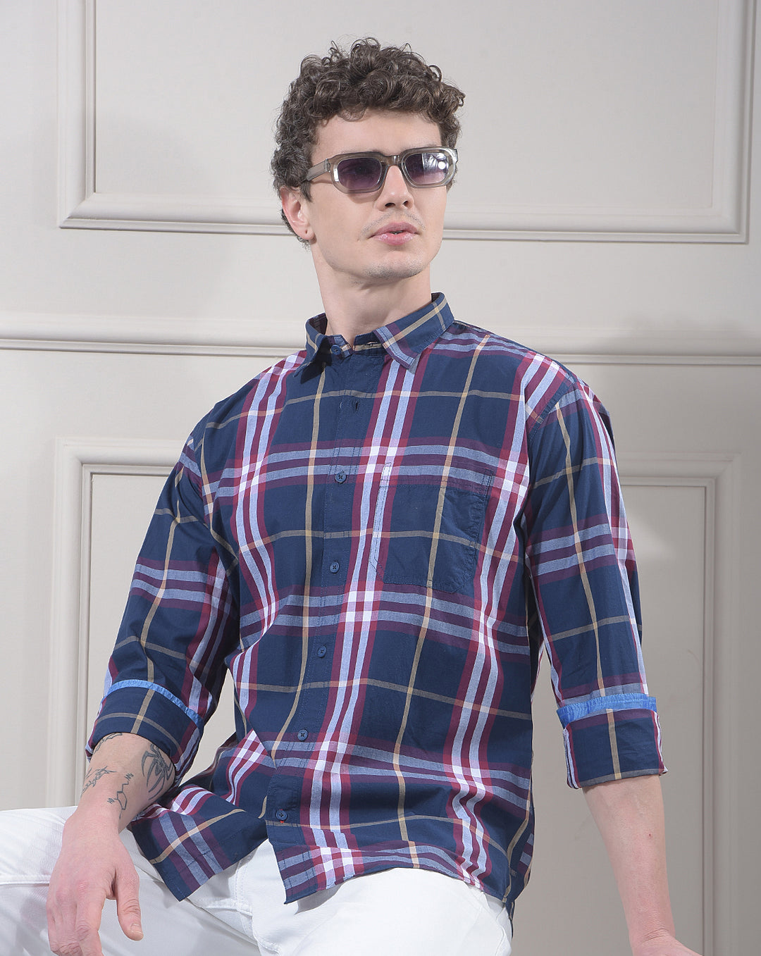 donlay men's blue checked slim-fit casual shirt