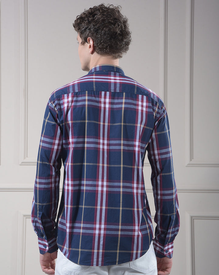 donlay men's blue checked slim-fit casual shirt