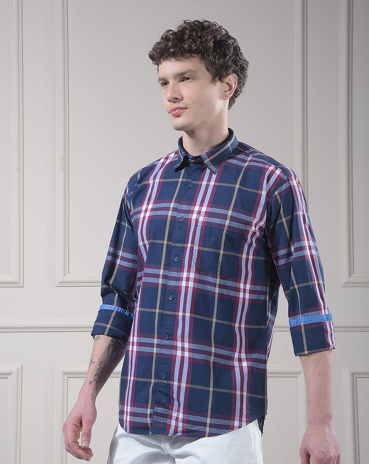 donlay men's blue checked slim-fit casual shirt