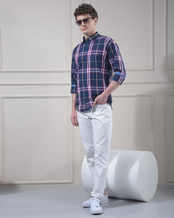 DONLAY MEN'S BLUE CHECKED SLIM-FIT CASUAL SHIRT