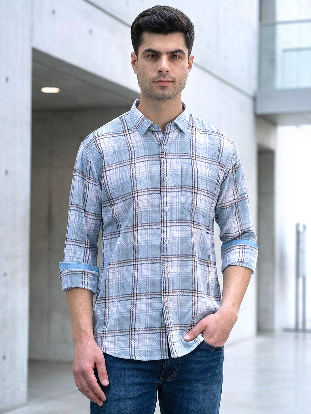 donlay checked sky blue slim-fit casual shirt