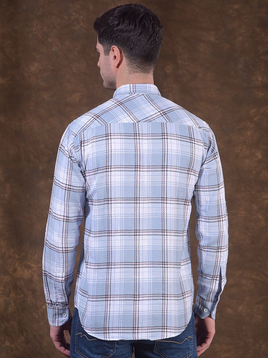 donlay checked sky blue slim-fit casual shirt