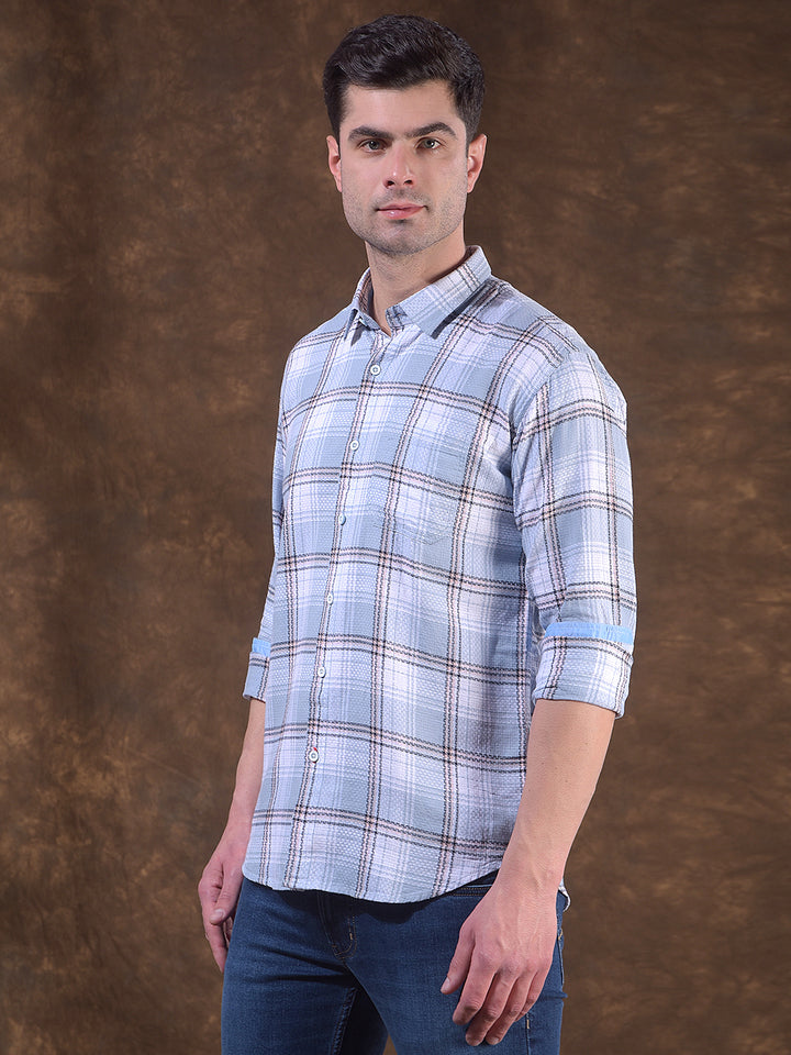 donlay checked sky blue slim-fit casual shirt