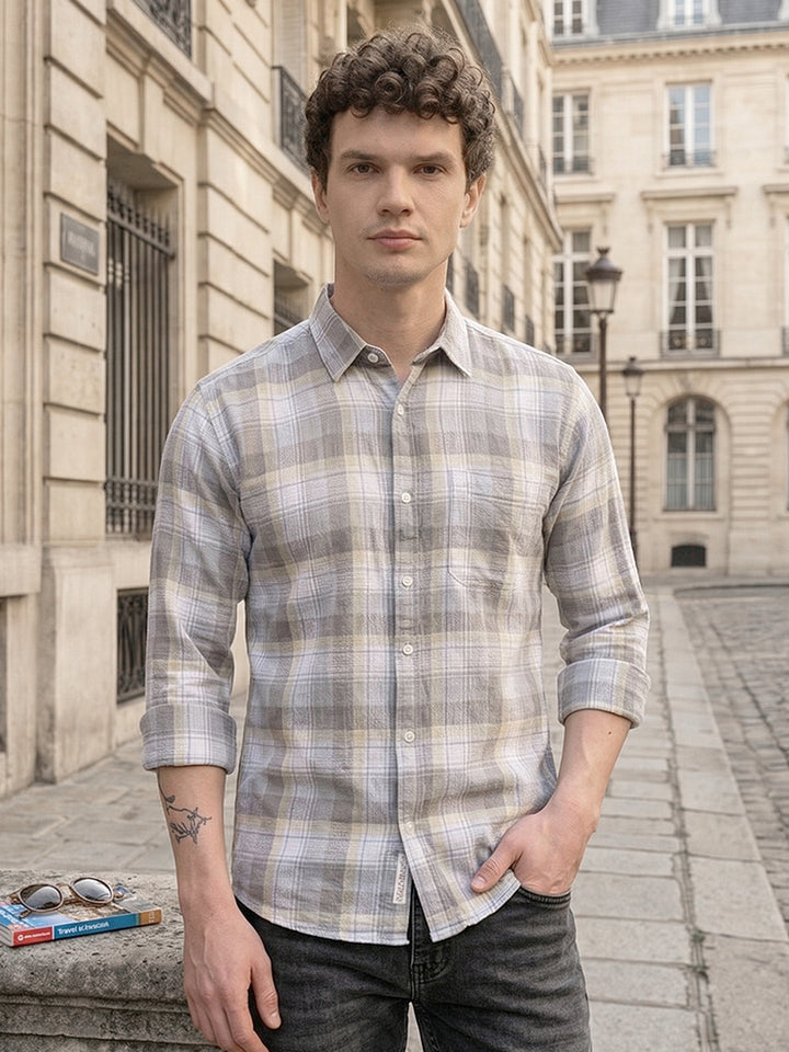 DONLAY GREY CHECKED SLIM-FIT CASUAL SHIRT