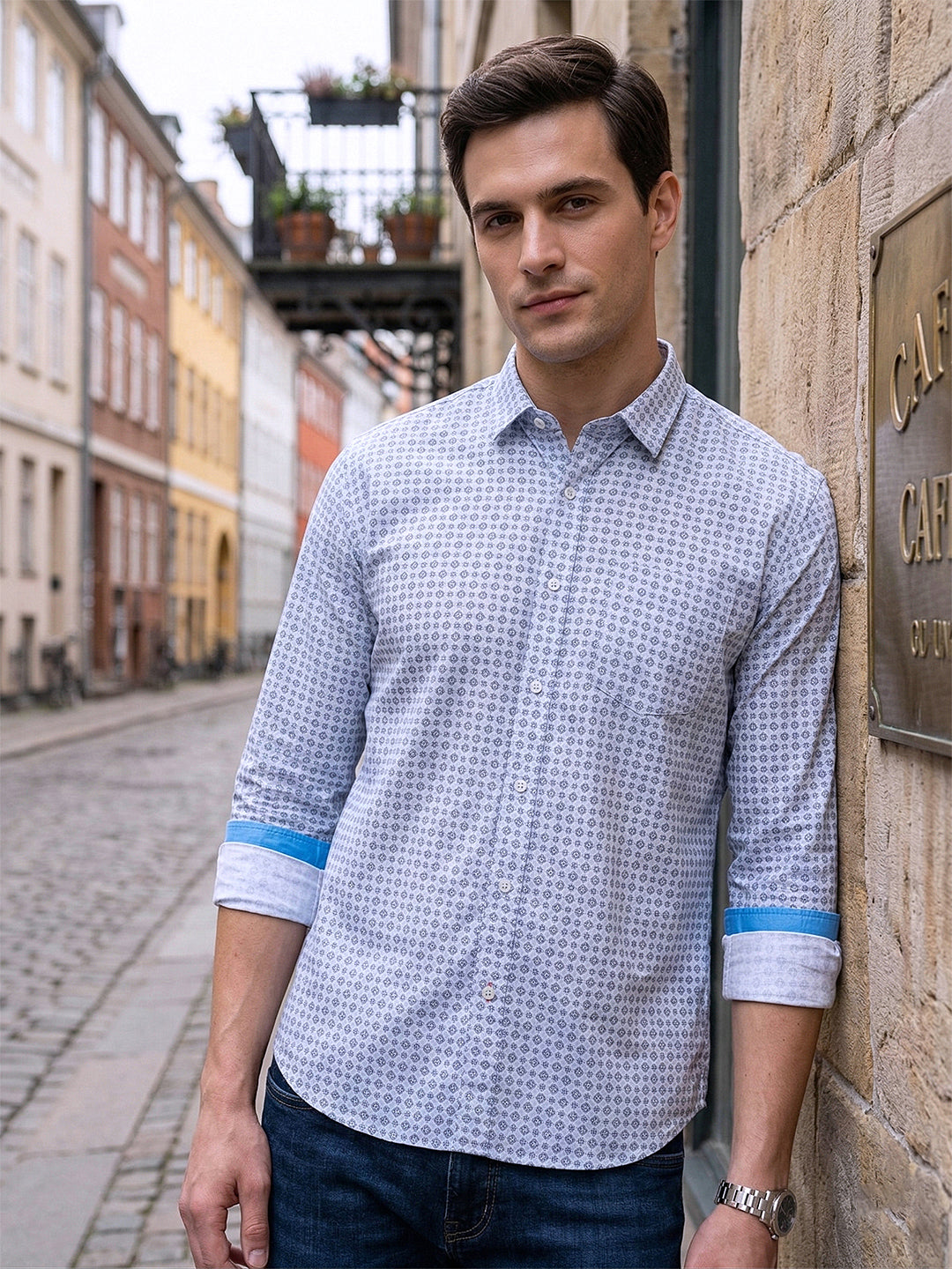 donlay ice blue polka dot slim-fit casual shirt