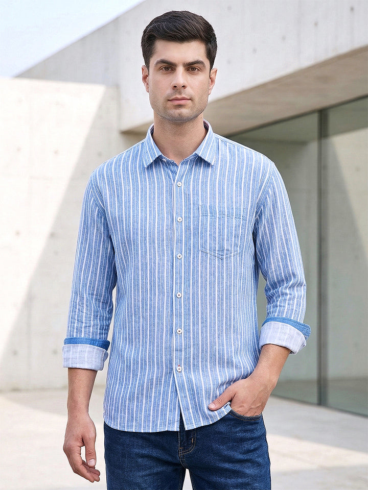 donlay blue striped slim-fit casual shirt
