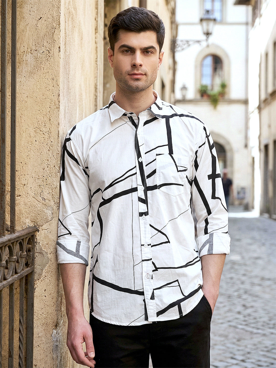 donlay white printed slim-fit casual shirt